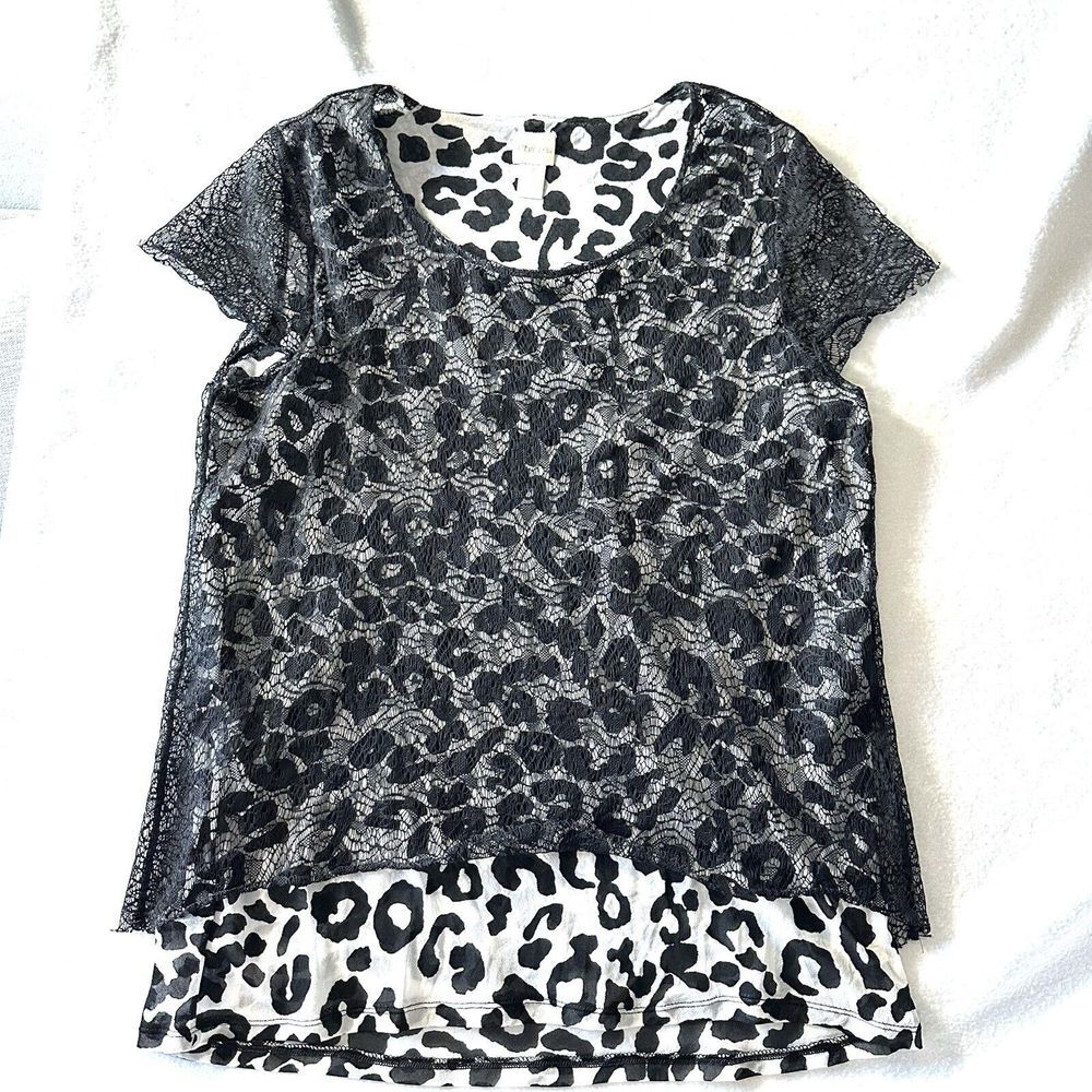 Chico's Blouse 3 XL Cheetah Chaser Lace Overlay Top Scoop‎ Neck Black White